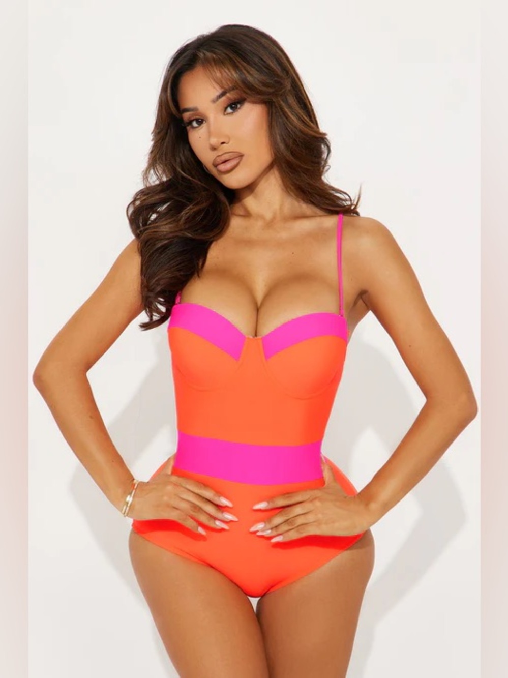 NWT Fashion Nova pink and orange colorblock one piece swimsuit sz Xl